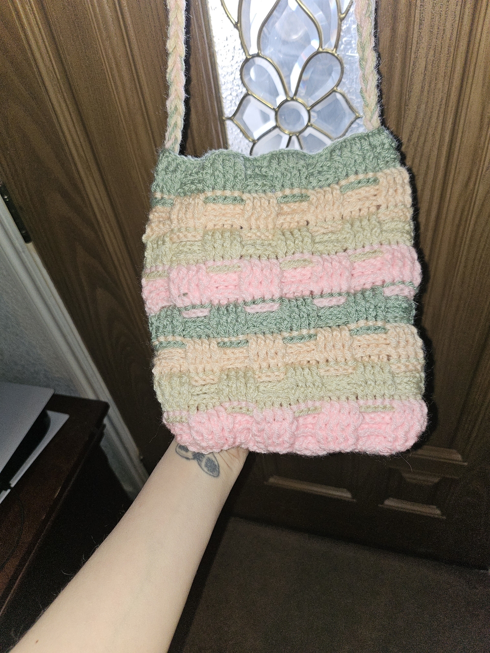 Handmade Crochet Crossbody Bag in Pink, Green & Cream